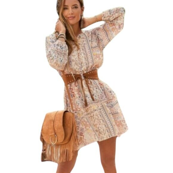 Lascana Tie Neck Ruffled Skirt Mixed Print Dress - Neutrals/Blue - 8 - Picture 1 of 12